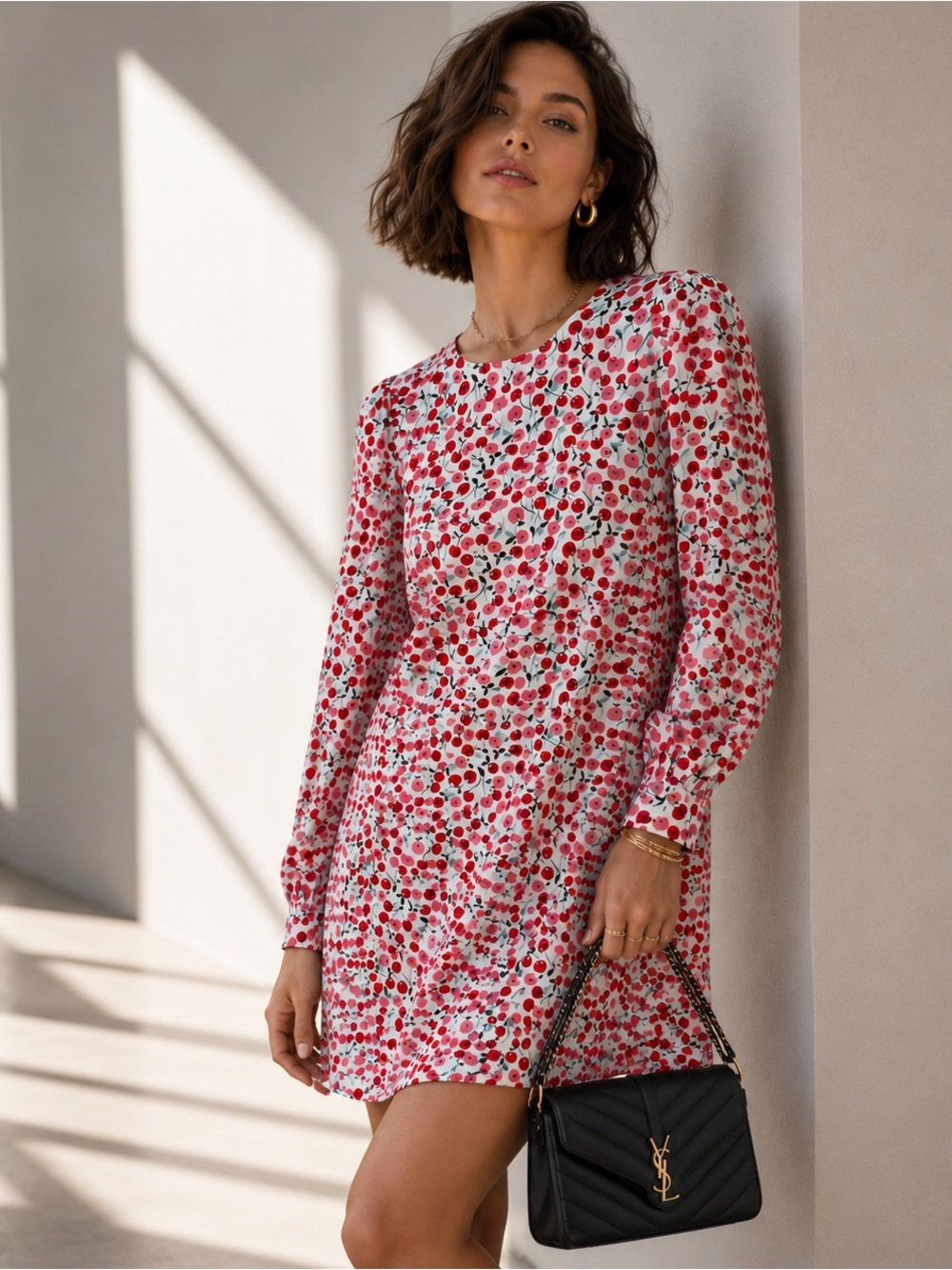 LOFT Shift Dress Rayon Cherry‎ Print XS Long Sleeve Mini Casual